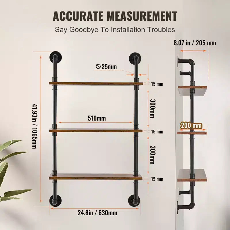 Étagère tuyau industrielle VEVOR, 3 niveaux 61x20cm, étagère murale flottante en bois rustique, bibliothèque à présentoir, support de rangement pour bibelots, noir