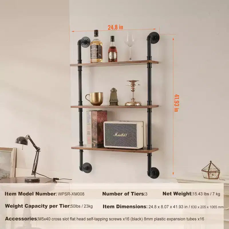 Étagère tuyau industrielle VEVOR, 3 niveaux 61x20cm, étagère murale flottante en bois rustique, bibliothèque à présentoir, support de rangement pour bibelots, noir