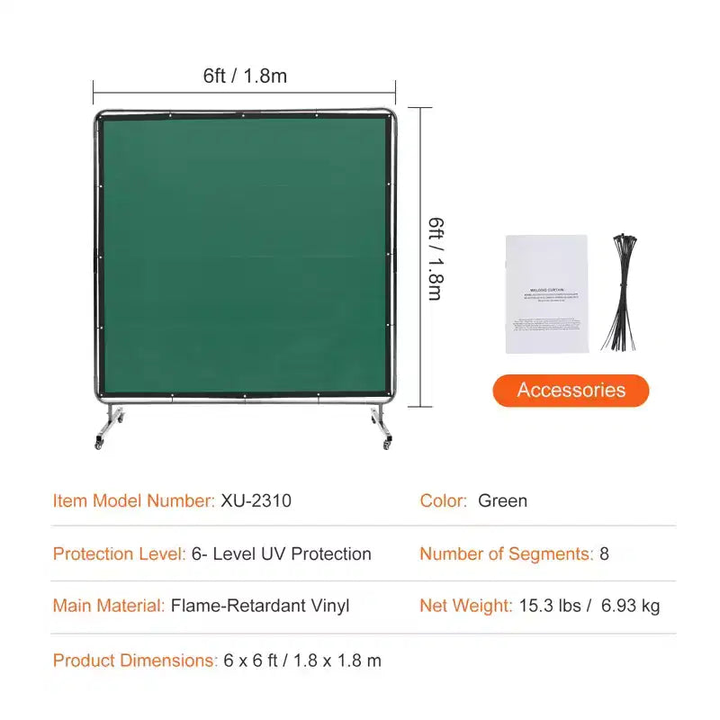 Écran de soudage VEVOR avec cadre, écran de soudage de 1,8 m x 1,8 m, écran de protection de soudage en vinyle ignifuge sur 4 roulettes pivotantes, vert