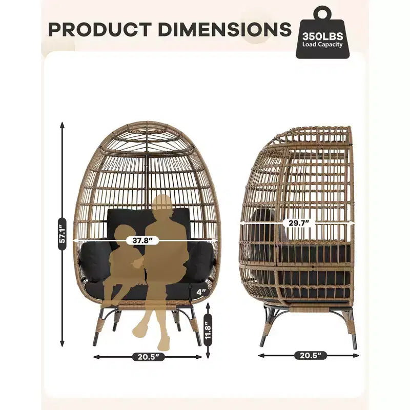 Fauteuil œuf, Fauteuil œuf en osier avec coussin moelleux, Cadre en acier et base en métal, Chaise longue pour intérieur et extérieur, salon et jardin