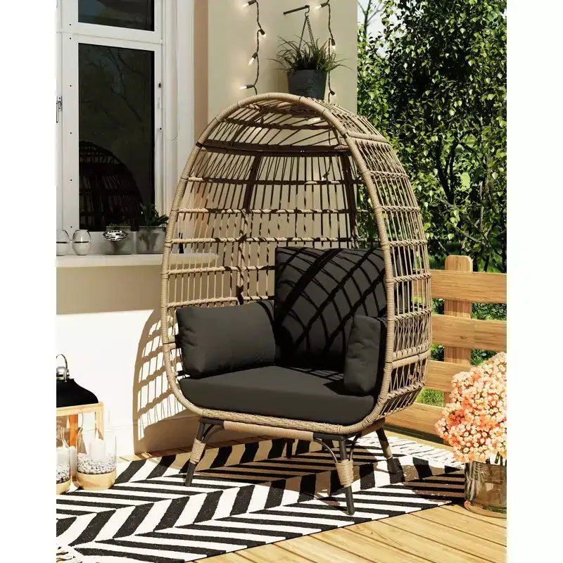 Fauteuil œuf, Fauteuil œuf en osier avec coussin moelleux, Cadre en acier et base en métal, Chaise longue pour intérieur et extérieur, salon et jardin