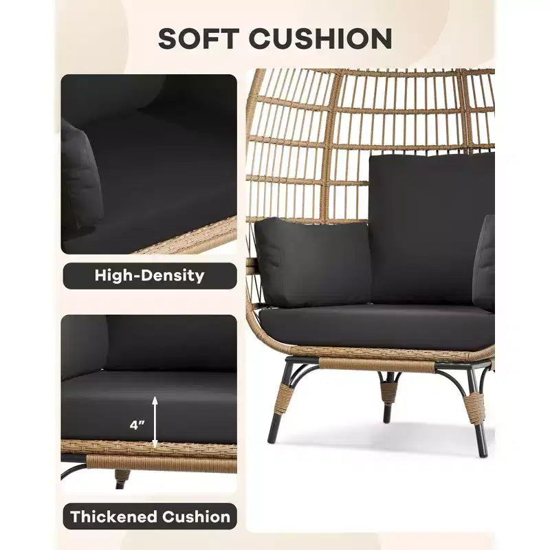 Fauteuil œuf, Fauteuil œuf en osier avec coussin moelleux, Cadre en acier et base en métal, Chaise longue pour intérieur et extérieur, salon et jardin