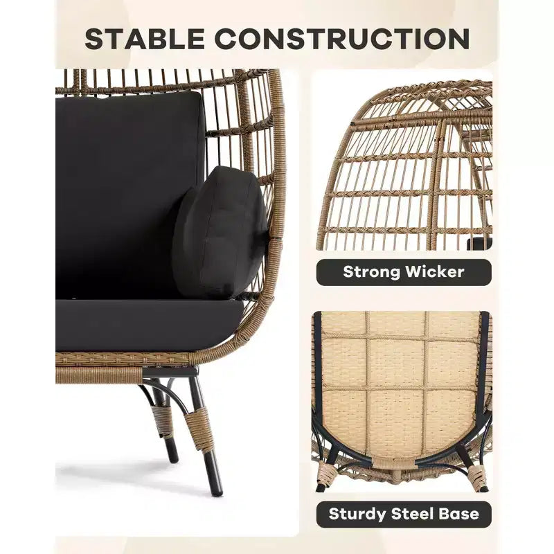 Fauteuil œuf, Fauteuil œuf en osier avec coussin moelleux, Cadre en acier et base en métal, Chaise longue pour intérieur et extérieur, salon et jardin