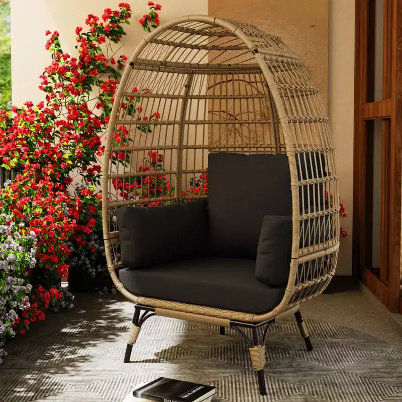 Fauteuil œuf, Fauteuil œuf en osier avec coussin moelleux, Cadre en acier et base en métal, Chaise longue pour intérieur et extérieur, salon et jardin