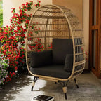 Fauteuil œuf, Fauteuil œuf en osier avec coussin moelleux, Cadre en acier et base en métal, Chaise longue pour intérieur et extérieur, salon et jardin