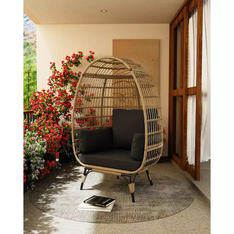 Fauteuil œuf, Fauteuil œuf en osier avec coussin moelleux, Cadre en acier et base en métal, Chaise longue pour intérieur et extérieur, salon et jardin