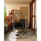 Fauteuil œuf, Fauteuil œuf en osier avec coussin moelleux, Cadre en acier et base en métal, Chaise longue pour intérieur et extérieur, salon et jardin