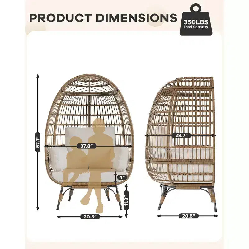 Fauteuil œuf, Fauteuil œuf en osier avec coussin moelleux, Cadre en acier et base en métal, Chaise longue pour intérieur et extérieur, salon et jardin