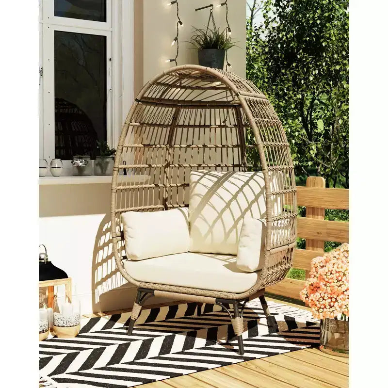Fauteuil œuf, Fauteuil œuf en osier avec coussin moelleux, Cadre en acier et base en métal, Chaise longue pour intérieur et extérieur, salon et jardin