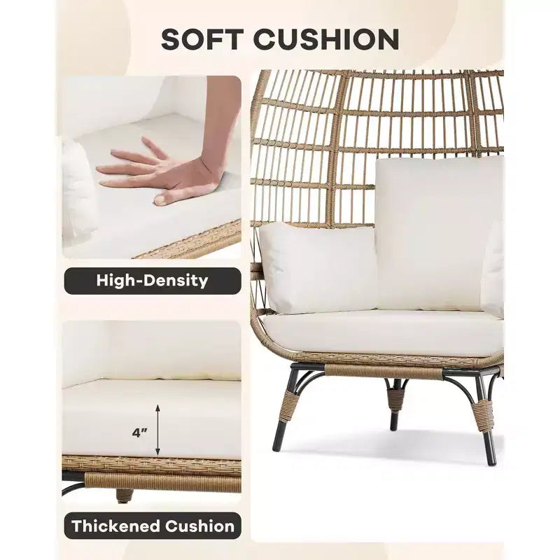 Fauteuil œuf, Fauteuil œuf en osier avec coussin moelleux, Cadre en acier et base en métal, Chaise longue pour intérieur et extérieur, salon et jardin