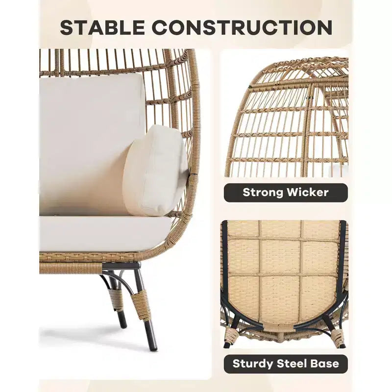 Fauteuil œuf, Fauteuil œuf en osier avec coussin moelleux, Cadre en acier et base en métal, Chaise longue pour intérieur et extérieur, salon et jardin