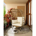 Fauteuil œuf, Fauteuil œuf en osier avec coussin moelleux, Cadre en acier et base en métal, Chaise longue pour intérieur et extérieur, salon et jardin