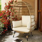 Fauteuil œuf, Fauteuil œuf en osier avec coussin moelleux, Cadre en acier et base en métal, Chaise longue pour intérieur et extérieur, salon et jardin