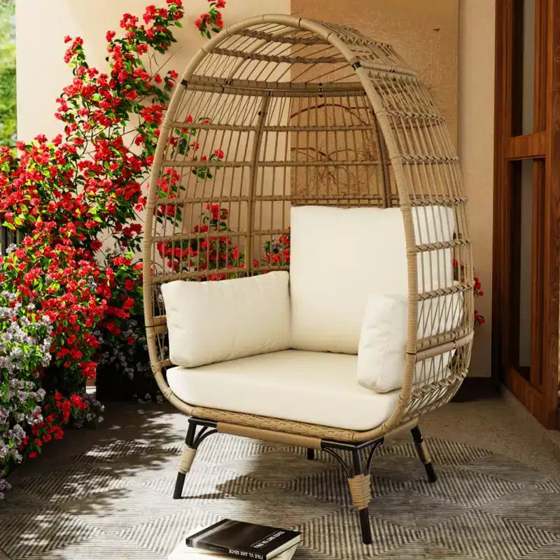 Fauteuil œuf, Fauteuil œuf en osier avec coussin moelleux, Cadre en acier et base en métal, Chaise longue pour intérieur et extérieur, salon et jardin