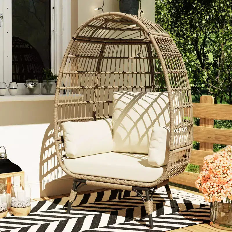 Fauteuil œuf, Fauteuil œuf en osier avec coussin moelleux, Cadre en acier et base en métal, Chaise longue pour intérieur et extérieur, salon et jardin