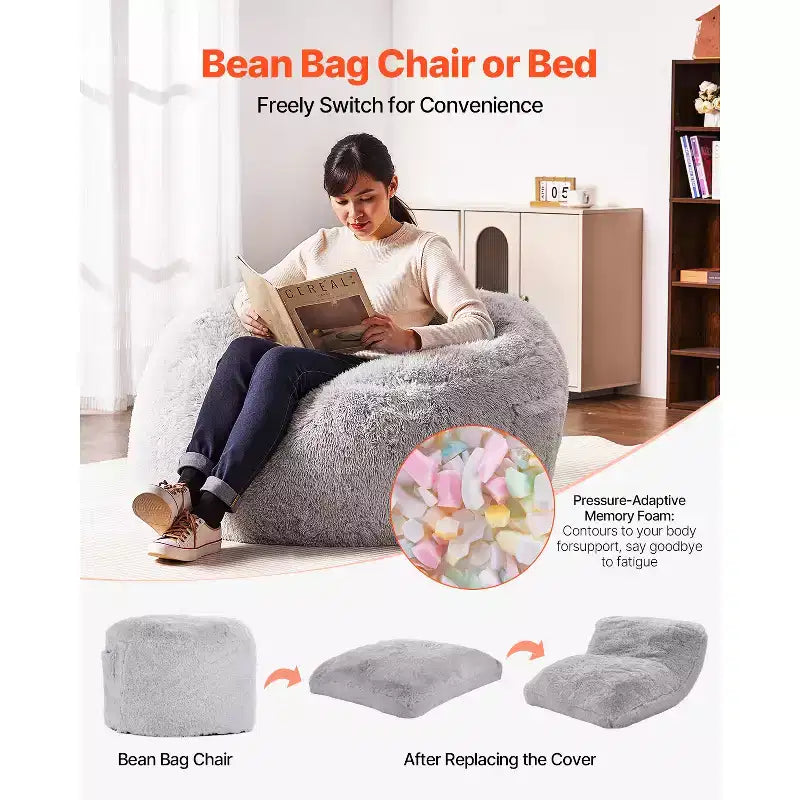 Chaise de lit pouf VEVOR, chaise convertible de pouf à fauteuil de salon ou matelas, lit pouf avec housse lavable pour adultes, gris (taille Queen)