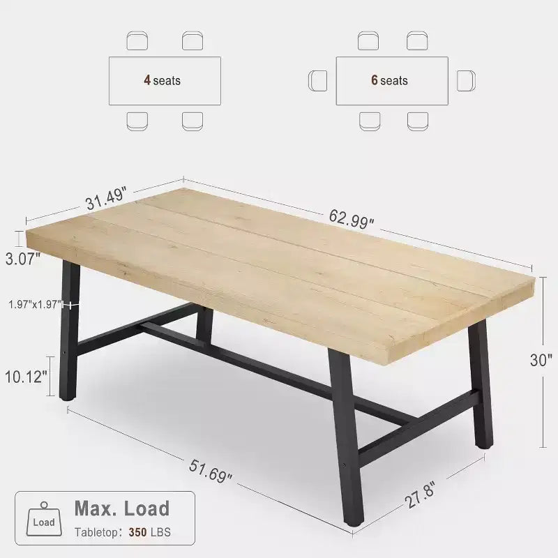 Table à manger industrielle pour 4 à 6 personnes, longue table de cuisine en bois de 160 cm avec cadre métallique robuste pour cuisine, salle à manger