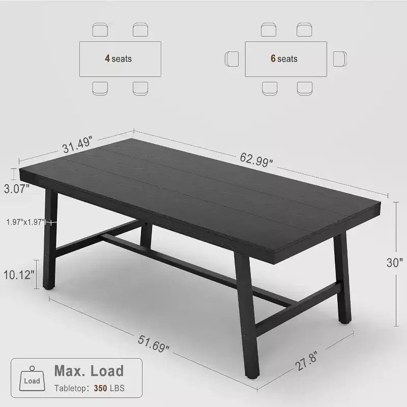 Table à manger industrielle pour 4 à 6 personnes, longue table de cuisine en bois de 160 cm avec cadre métallique robuste pour cuisine, salle à manger