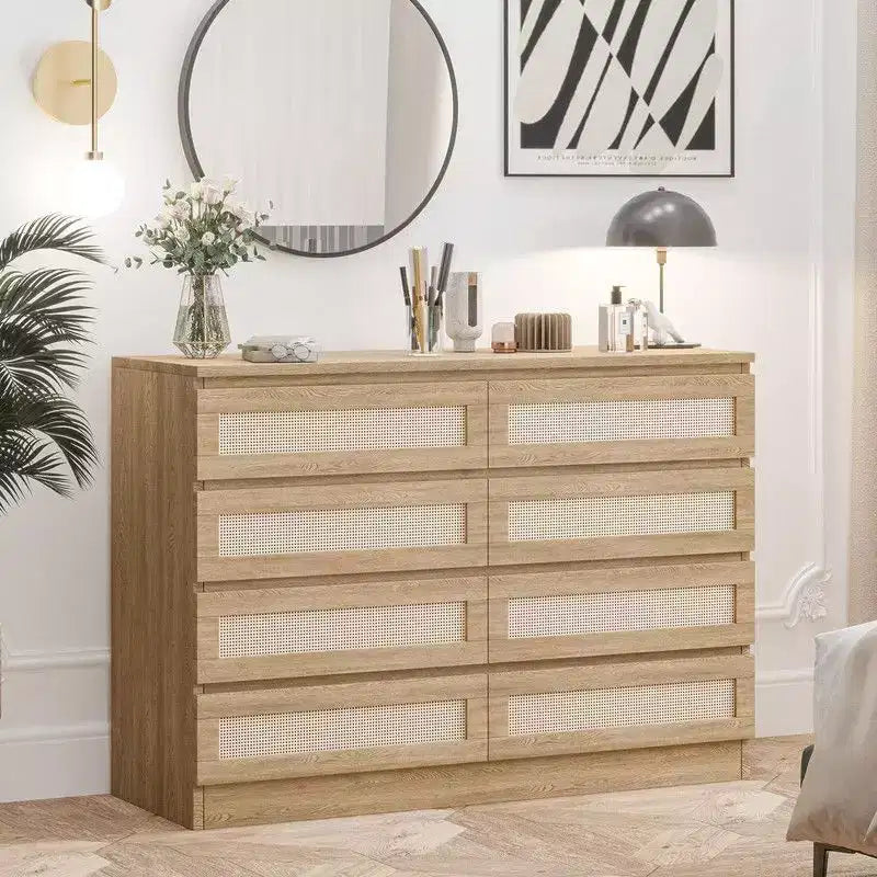 Grande commode de chambre à 8 tiroirs, commode moderne en rotin style ferme, commode étroite en bois, meuble TV multifonctionnel pour appartements et petits espaces