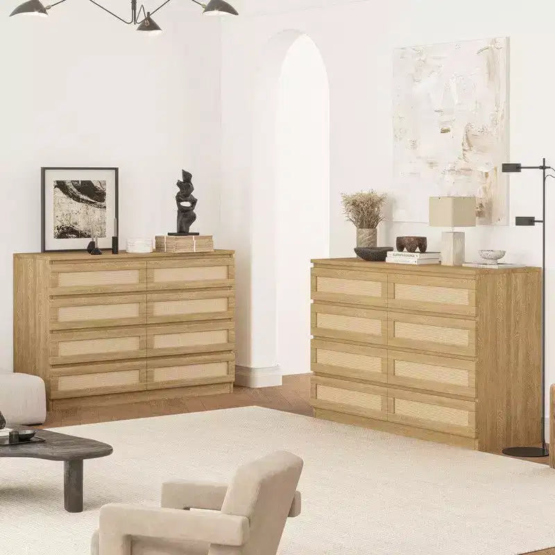 Grande commode de chambre à 8 tiroirs, commode moderne en rotin style ferme, commode étroite en bois, meuble TV multifonctionnel pour appartements et petits espaces
