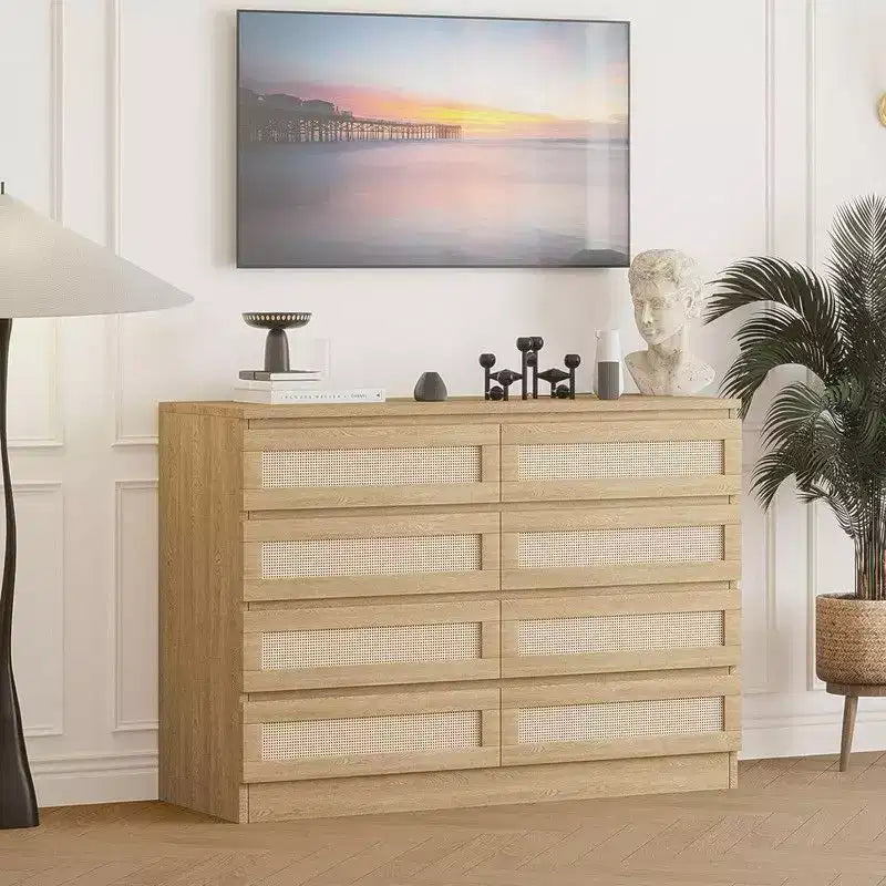 Grande commode de chambre à 8 tiroirs, commode moderne en rotin style ferme, commode étroite en bois, meuble TV multifonctionnel pour appartements et petits espaces
