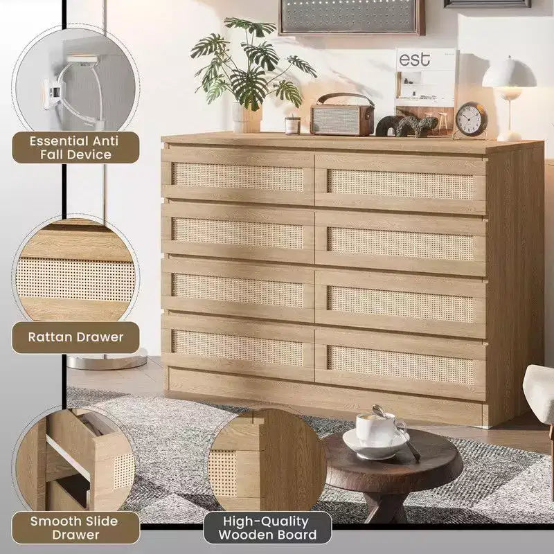 Grande commode de chambre à 8 tiroirs, commode moderne en rotin style ferme, commode étroite en bois, meuble TV multifonctionnel pour appartements et petits espaces