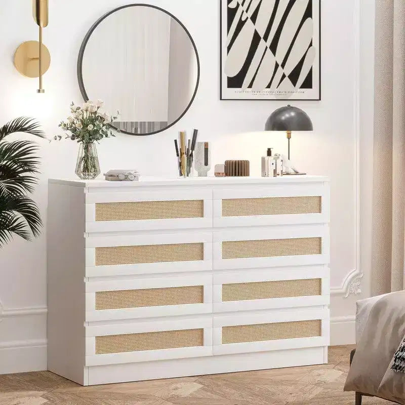 Grande commode de chambre à 8 tiroirs, commode moderne en rotin style ferme, commode étroite en bois, meuble TV multifonctionnel pour appartements et petits espaces