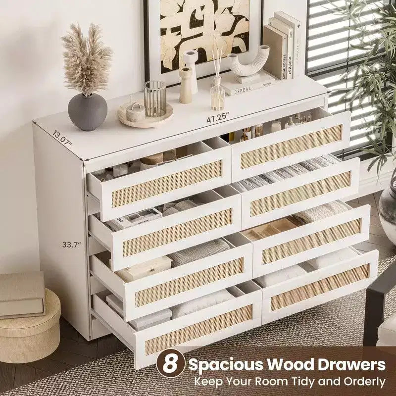 Grande commode de chambre à 8 tiroirs, commode moderne en rotin style ferme, commode étroite en bois, meuble TV multifonctionnel pour appartements et petits espaces