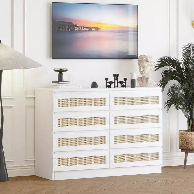 Grande commode de chambre à 8 tiroirs, commode moderne en rotin style ferme, commode étroite en bois, meuble TV multifonctionnel pour appartements et petits espaces