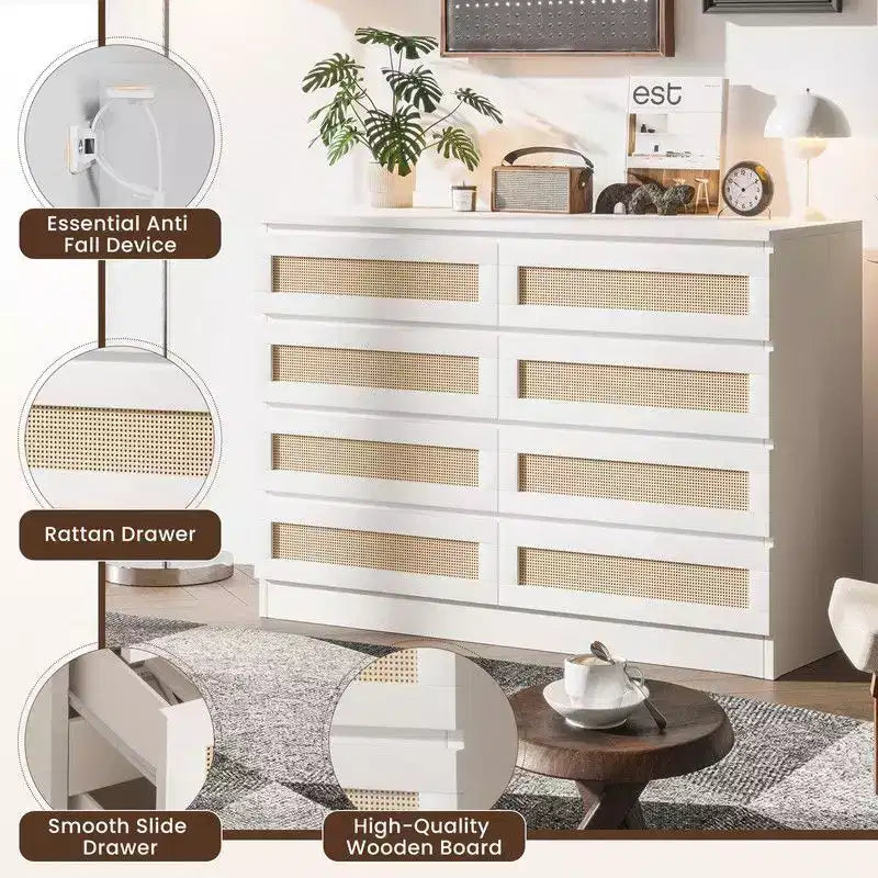 Grande commode de chambre à 8 tiroirs, commode moderne en rotin style ferme, commode étroite en bois, meuble TV multifonctionnel pour appartements et petits espaces