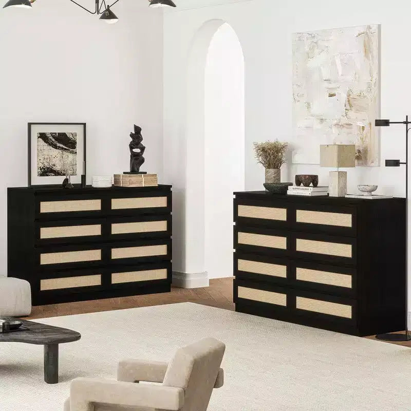 Grande commode de chambre à 8 tiroirs, commode moderne en rotin style ferme, commode étroite en bois, meuble TV multifonctionnel pour appartements et petits espaces