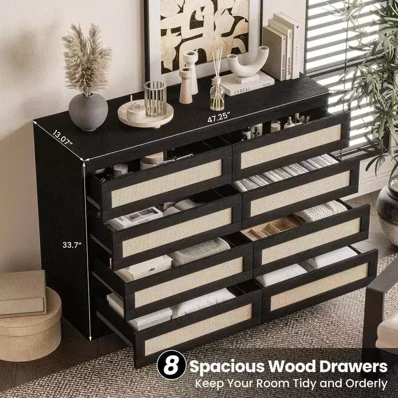 Grande commode de chambre à 8 tiroirs, commode moderne en rotin style ferme, commode étroite en bois, meuble TV multifonctionnel pour appartements et petits espaces