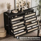 Grande commode de chambre à 8 tiroirs, commode moderne en rotin style ferme, commode étroite en bois, meuble TV multifonctionnel pour appartements et petits espaces