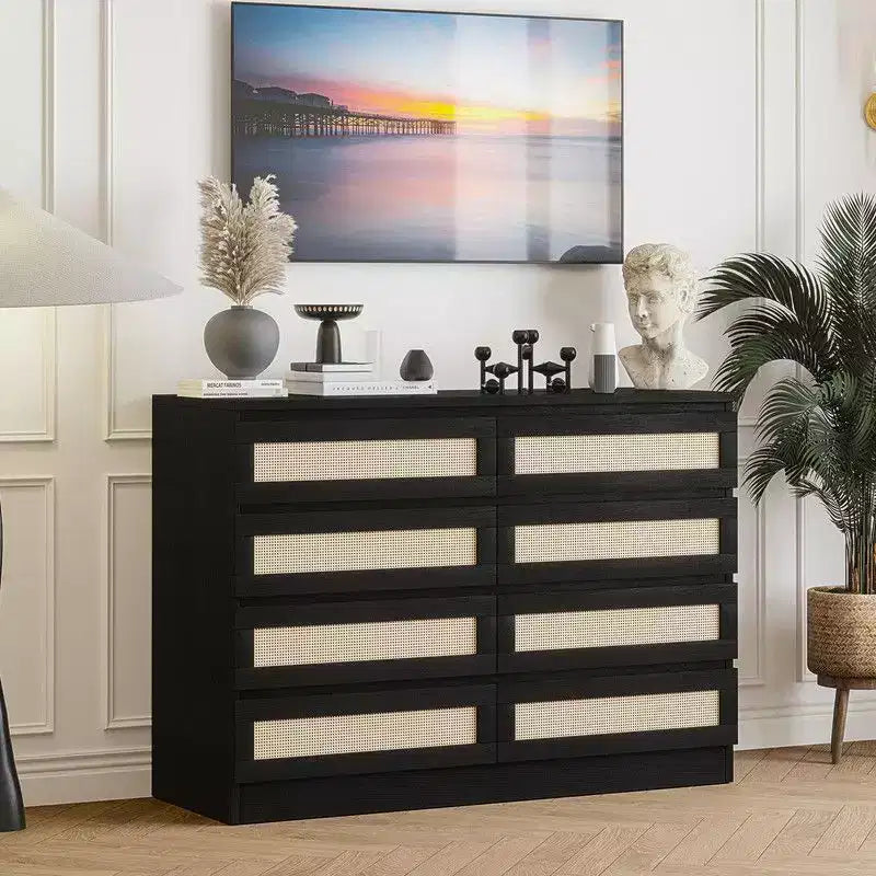 Grande commode de chambre à 8 tiroirs, commode moderne en rotin style ferme, commode étroite en bois, meuble TV multifonctionnel pour appartements et petits espaces
