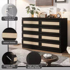 Grande commode de chambre à 8 tiroirs, commode moderne en rotin style ferme, commode étroite en bois, meuble TV multifonctionnel pour appartements et petits espaces