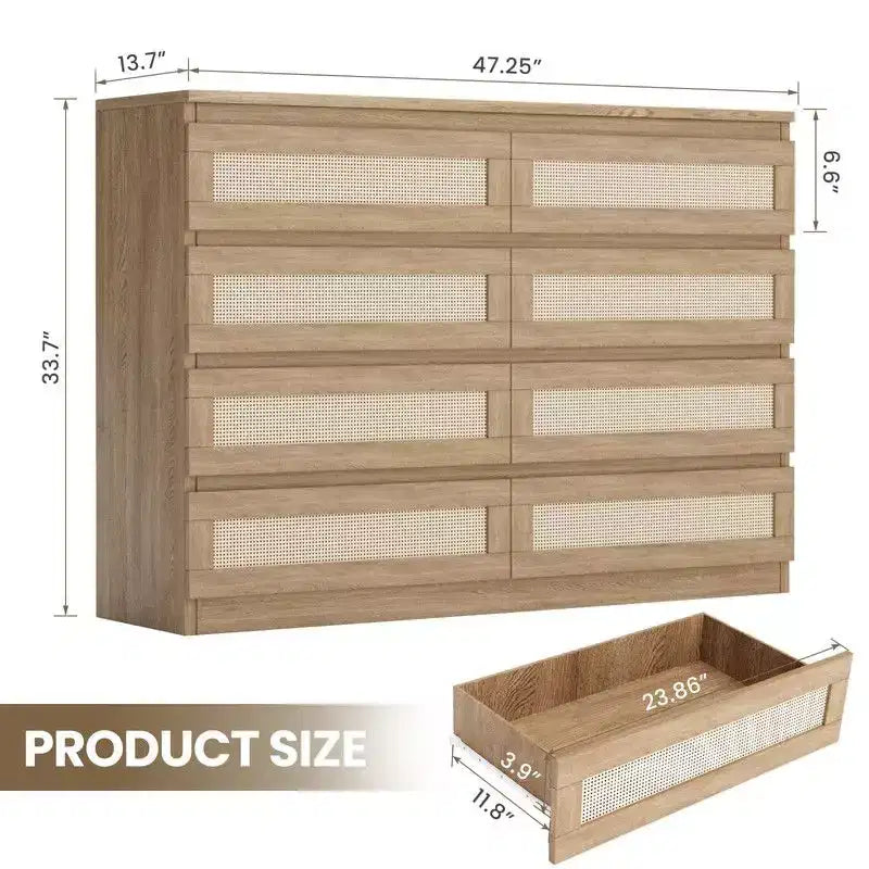 Grande commode de chambre à 8 tiroirs, commode moderne en rotin style ferme, commode étroite en bois, meuble TV multifonctionnel pour appartements et petits espaces