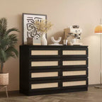 Large 8 Drawer Dresser for Bedroom, Modern Farmhouse Rattan Dresser, Slim Wood Chest of Drawers, Multifunctional TV Stand for Apartments, Small Spaces