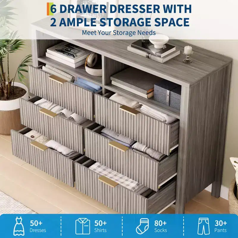 Commode à 6 tiroirs cannelés pour chambre à coucher, Grande commode large avec organisateur de rangement, Meuble TV tiroir de placard de style moderne du milieu du siècle pour salon