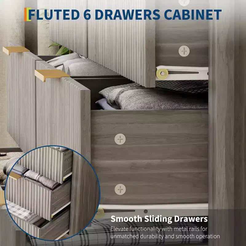 Commode à 6 tiroirs cannelés pour chambre à coucher, Grande commode large avec organisateur de rangement, Meuble TV tiroir de placard de style moderne du milieu du siècle pour salon