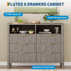 Commode à 6 tiroirs cannelés pour chambre à coucher, Grande commode large avec organisateur de rangement, Meuble TV tiroir de placard de style moderne du milieu du siècle pour salon