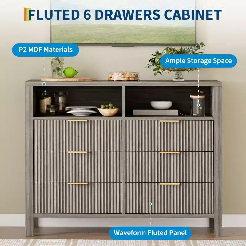 Commode à 6 tiroirs cannelés pour chambre à coucher, Grande commode large avec organisateur de rangement, Meuble TV tiroir de placard de style moderne du milieu du siècle pour salon