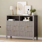 Commode à 6 tiroirs cannelés pour chambre à coucher, Grande commode large avec organisateur de rangement, Meuble TV tiroir de placard de style moderne du milieu du siècle pour salon