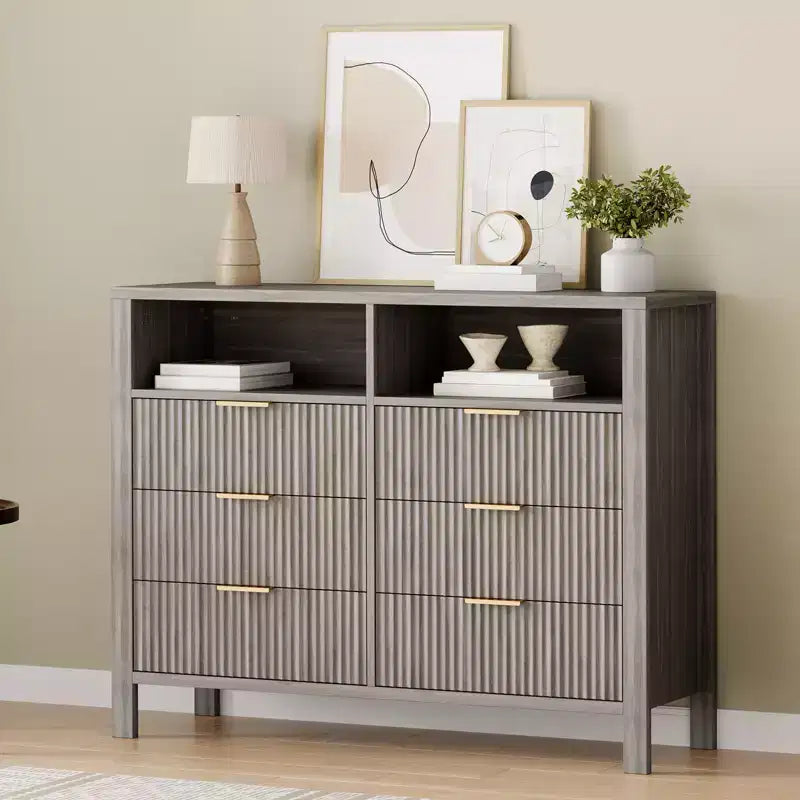 Commode à 6 tiroirs cannelés pour chambre à coucher, Grande commode large avec organisateur de rangement, Meuble TV tiroir de placard de style moderne du milieu du siècle pour salon