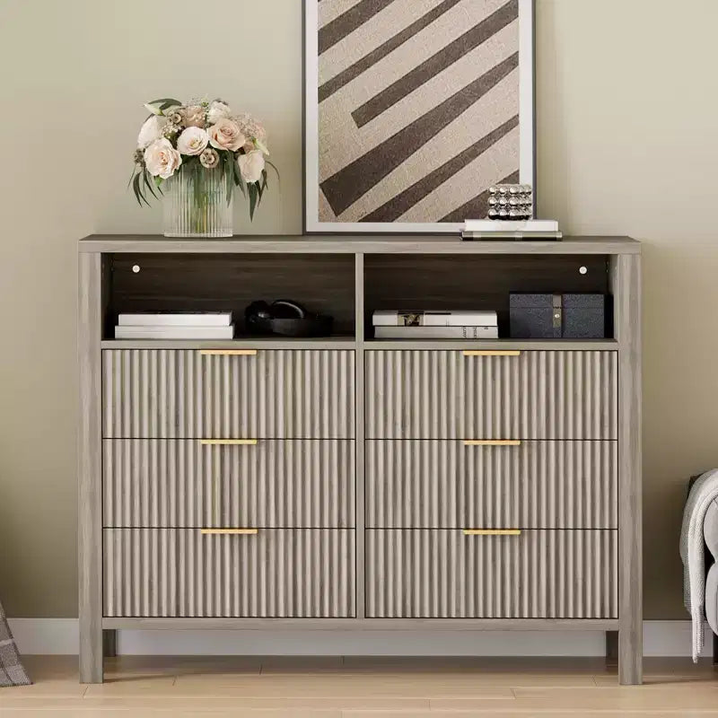 Commode à 6 tiroirs cannelés pour chambre à coucher, Grande commode large avec organisateur de rangement, Meuble TV tiroir de placard de style moderne du milieu du siècle pour salon