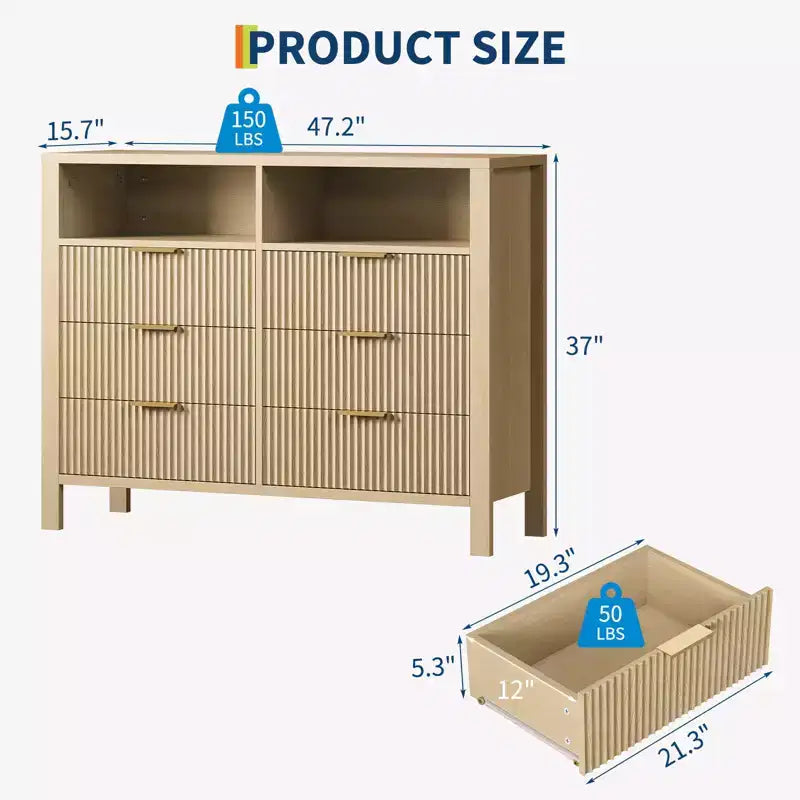 Commode à 6 tiroirs cannelés pour chambre à coucher, Grande commode large avec organisateur de rangement, Meuble TV tiroir de placard de style moderne du milieu du siècle pour salon