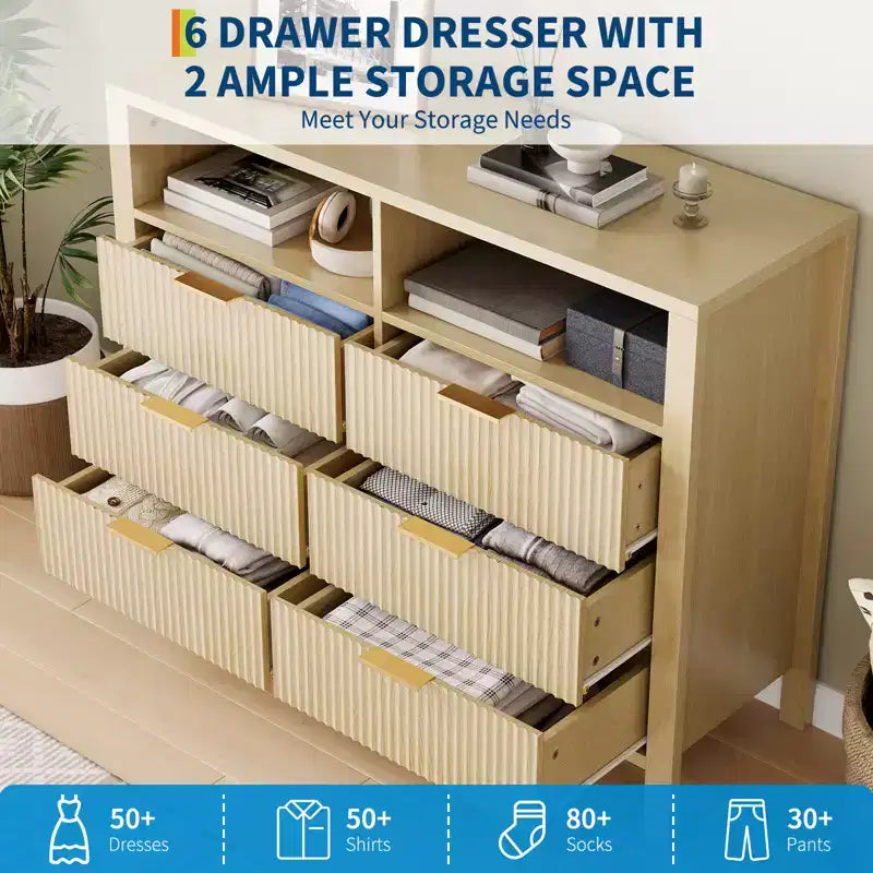 Commode à 6 tiroirs cannelés pour chambre à coucher, Grande commode large avec organisateur de rangement, Meuble TV tiroir de placard de style moderne du milieu du siècle pour salon