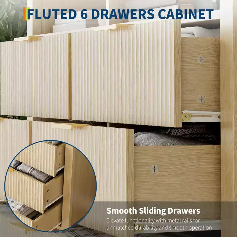 Commode à 6 tiroirs cannelés pour chambre à coucher, Grande commode large avec organisateur de rangement, Meuble TV tiroir de placard de style moderne du milieu du siècle pour salon