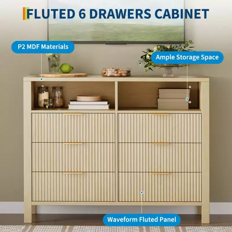 Commode à 6 tiroirs cannelés pour chambre à coucher, Grande commode large avec organisateur de rangement, Meuble TV tiroir de placard de style moderne du milieu du siècle pour salon