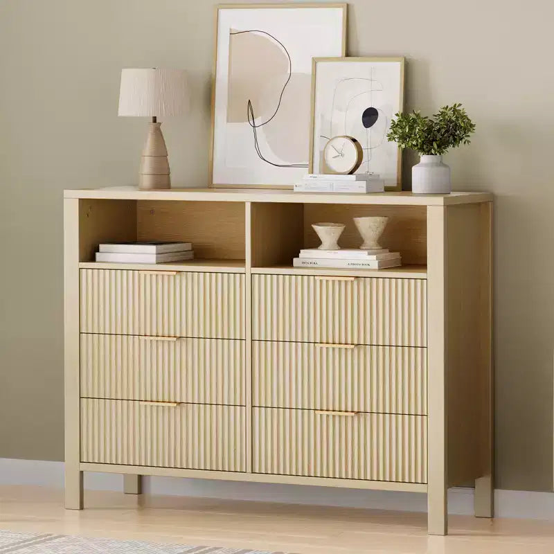 Commode à 6 tiroirs cannelés pour chambre à coucher, Grande commode large avec organisateur de rangement, Meuble TV tiroir de placard de style moderne du milieu du siècle pour salon