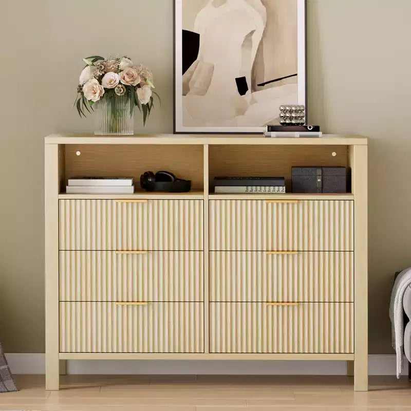Commode à 6 tiroirs cannelés pour chambre à coucher, Grande commode large avec organisateur de rangement, Meuble TV tiroir de placard de style moderne du milieu du siècle pour salon